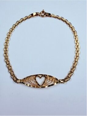 14K Solid Yellow Gold Diamond Etched Web Heart ID Bismark Link Chain Bracelet